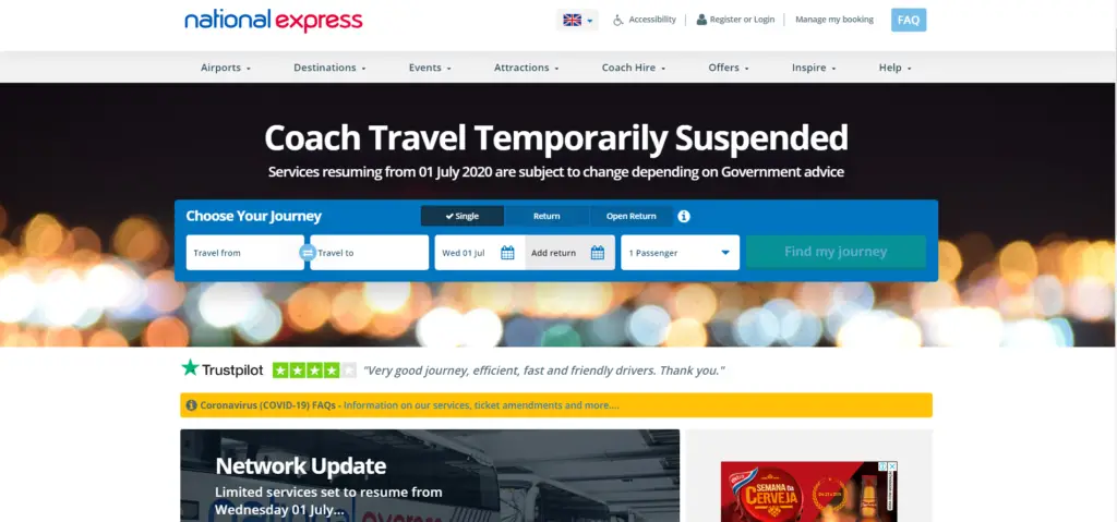 captura de tela do site da National Express